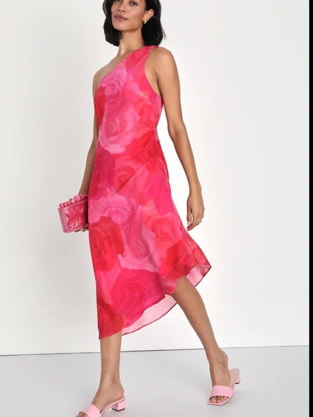 LULU’s y2k style One-Shoulder Pink Floral Asymmetrical bias cut Dress small